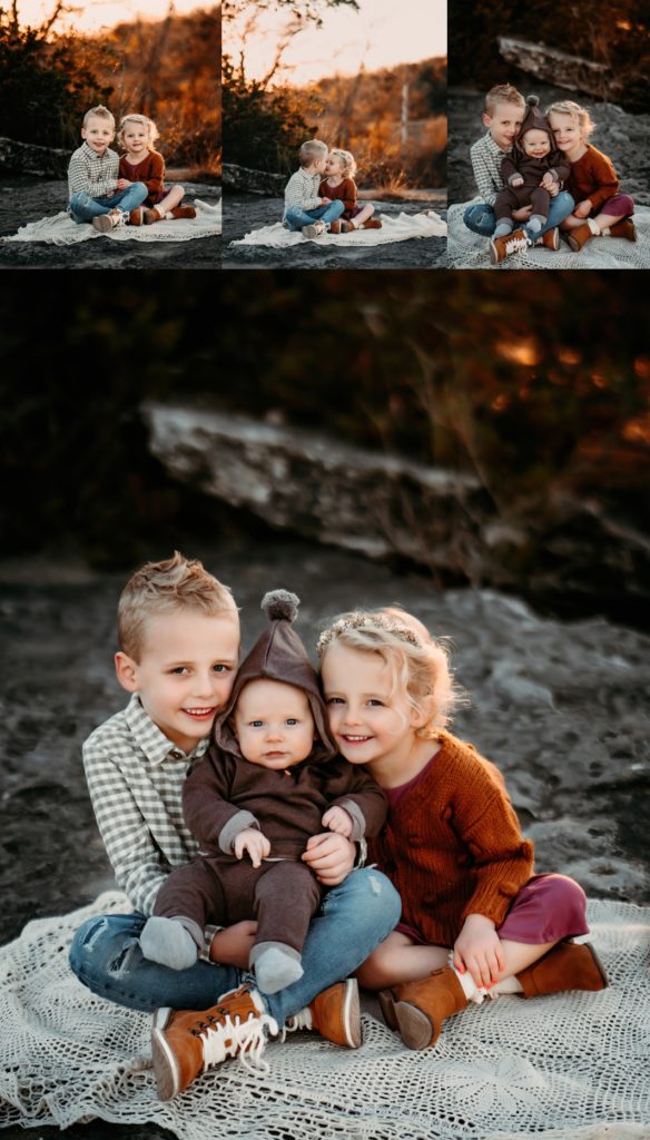 Three siblings snuggling and smiling at golden hour.