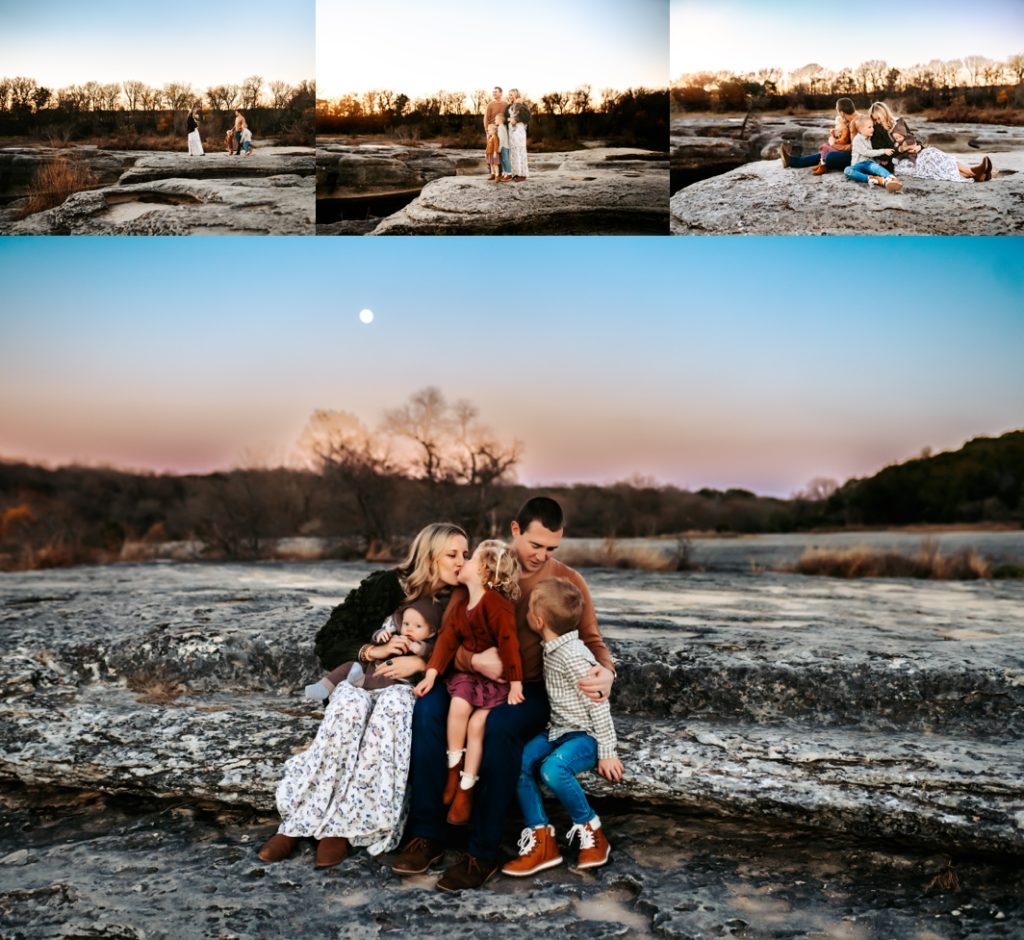 A family of five snuggled up together under the moon in Austin, Texas.