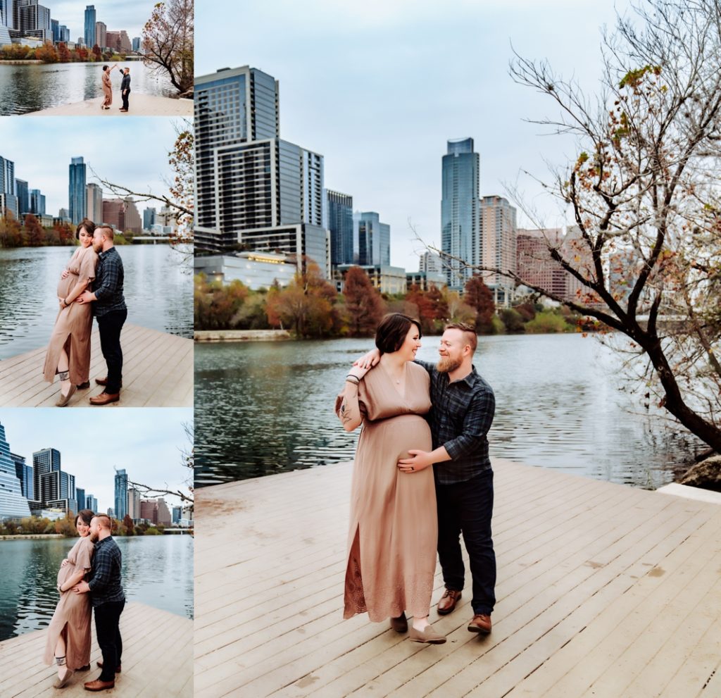 A pregnant mom and her husband twirling on the docks in Austin, Texas.