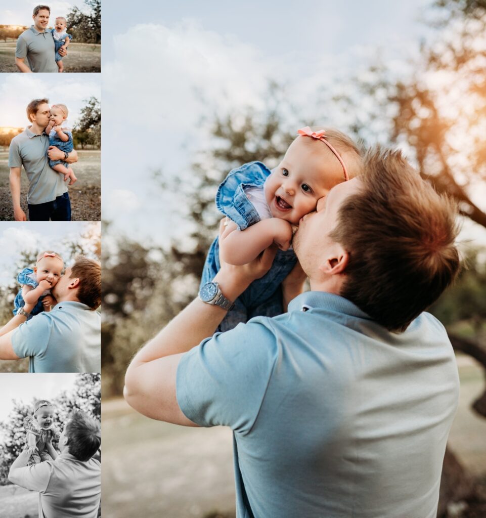 Collage of five images of dad and infant daughter. 