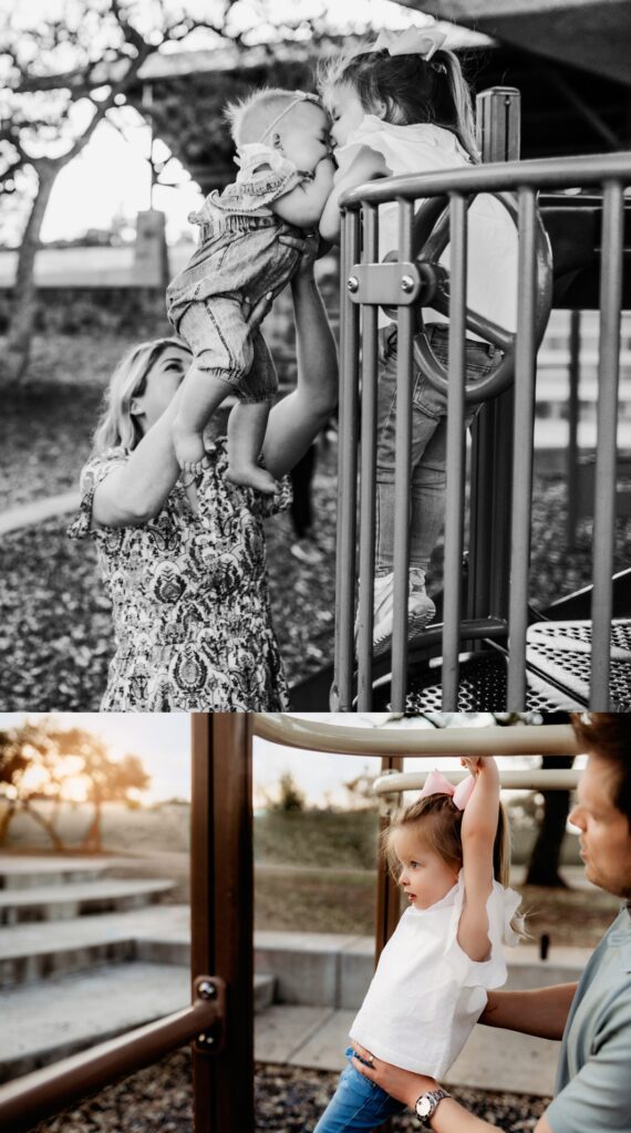 Collage of family of four playing at the park. 