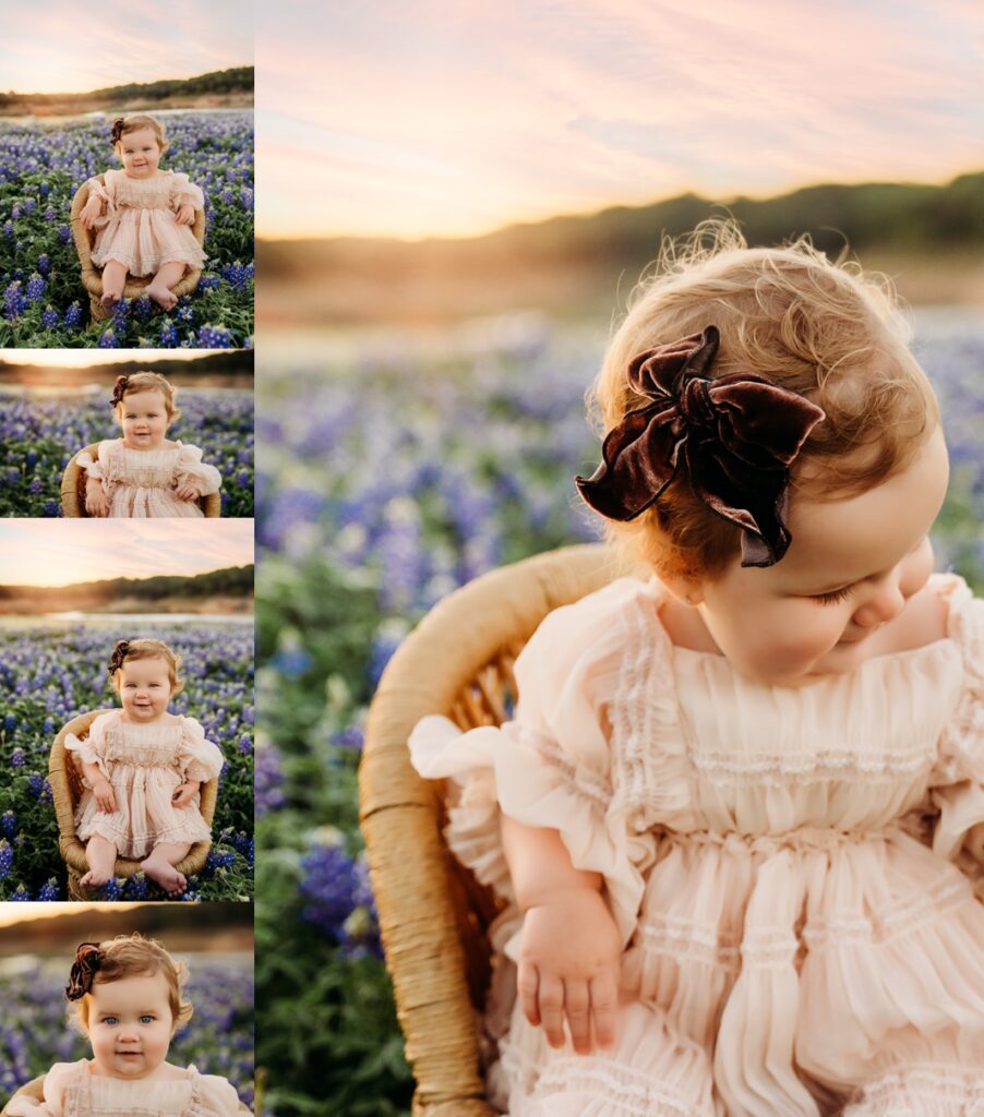 A little girl in a cream dress posing in the bluebonnets. 