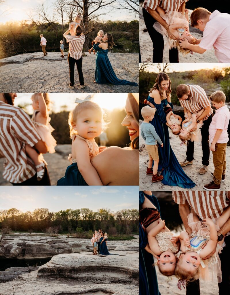 Collage of a family of six in Austin, Texas at Golden Hour. 
