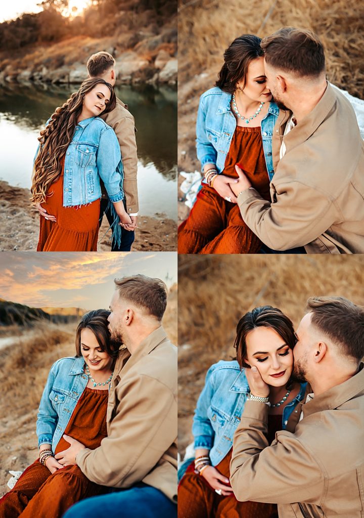 A pregnant mom in a rust dress and jean jacket, an Austin maternity session.