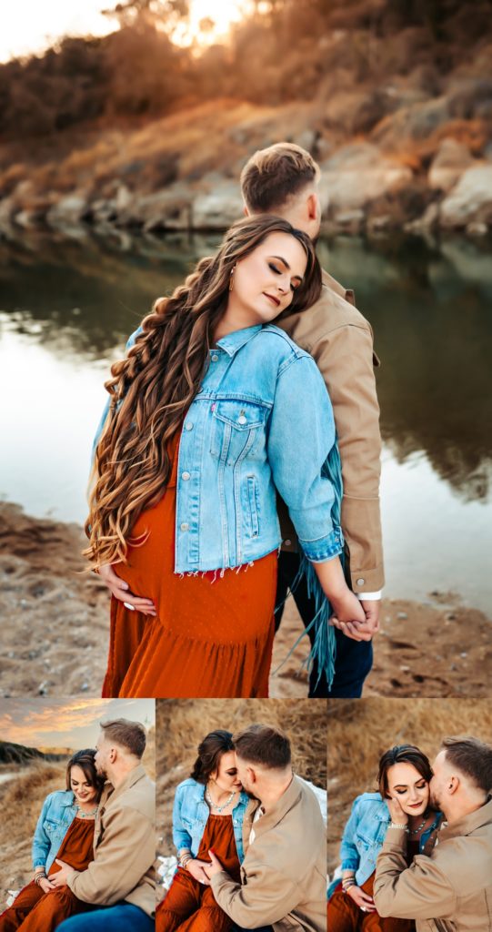 A pregnant mom in a rust dress by Austin maternity photographer Jessica Rockowitz.