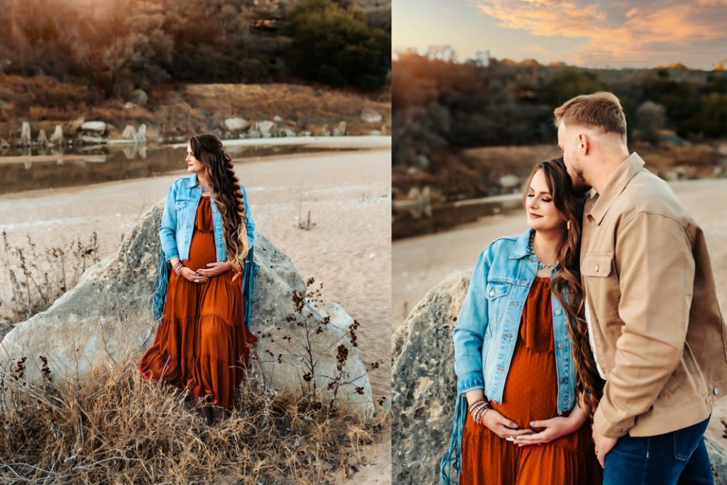 An expecting mom in a rust dress and jacket in Dripping Springs. 