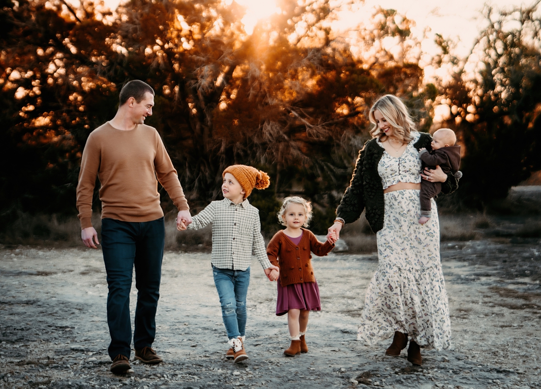 Family of five at sunset by Jessica Rockowitz, Austin family photographer.