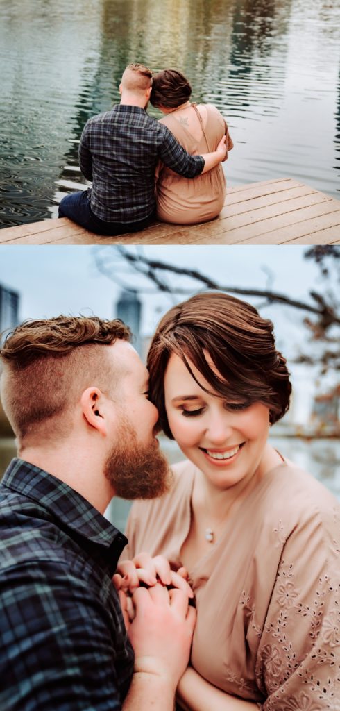 A couple snuggling together at Butler Park for a photo shoot in Austin. 