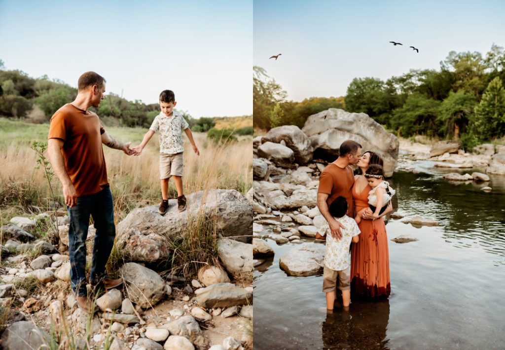 Family of four snuggling in the water in Austin by Jessica Rockowitz Photography. 