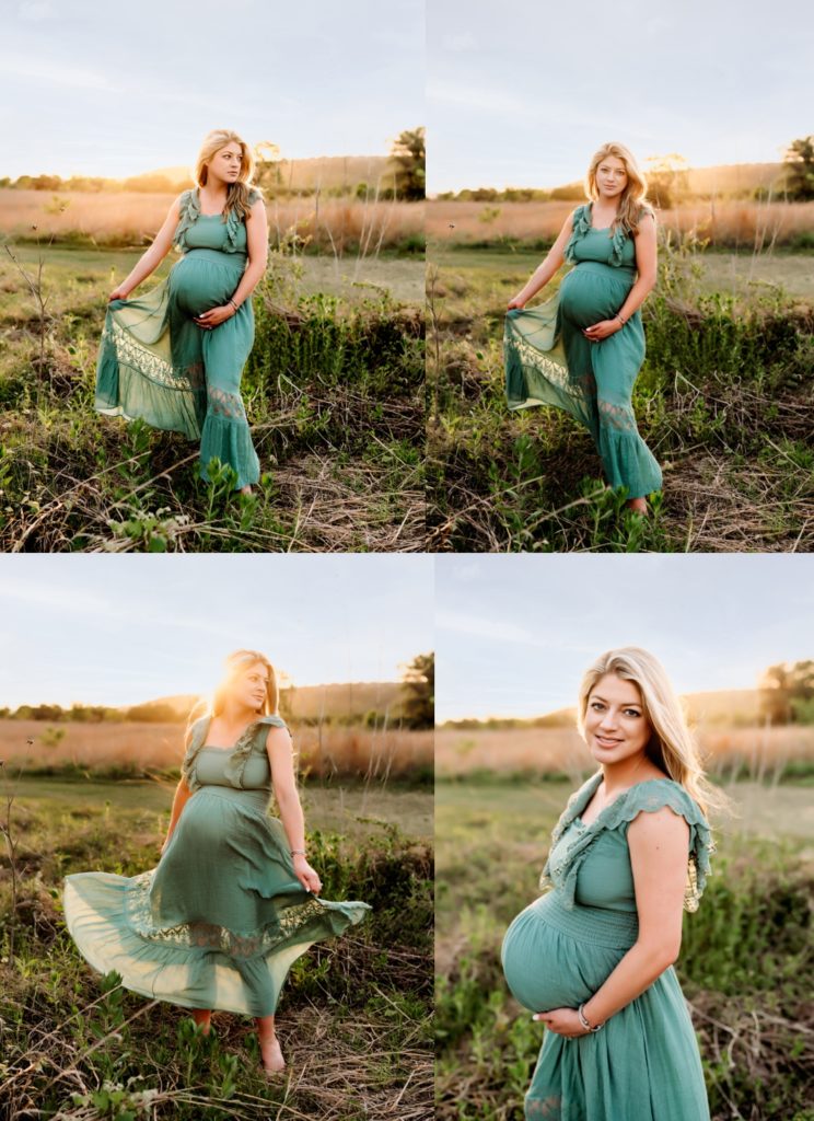 Pregnant mom in a lace dress at sunset in Austin, Texas. 