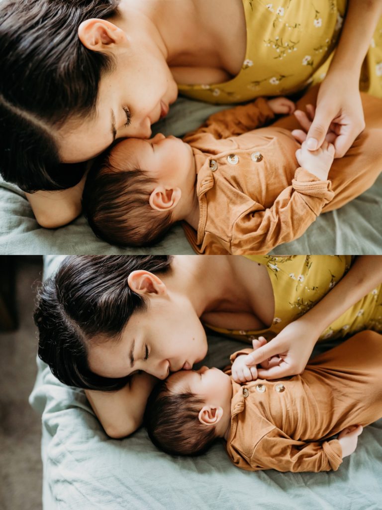 Mom in yellow dress snuggling baby boy in Austin, Texas