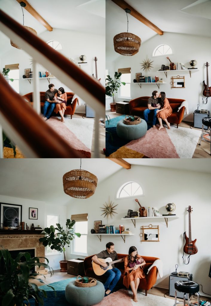 Family of three in a modern home in Austin, Texas with their newborn baby. 