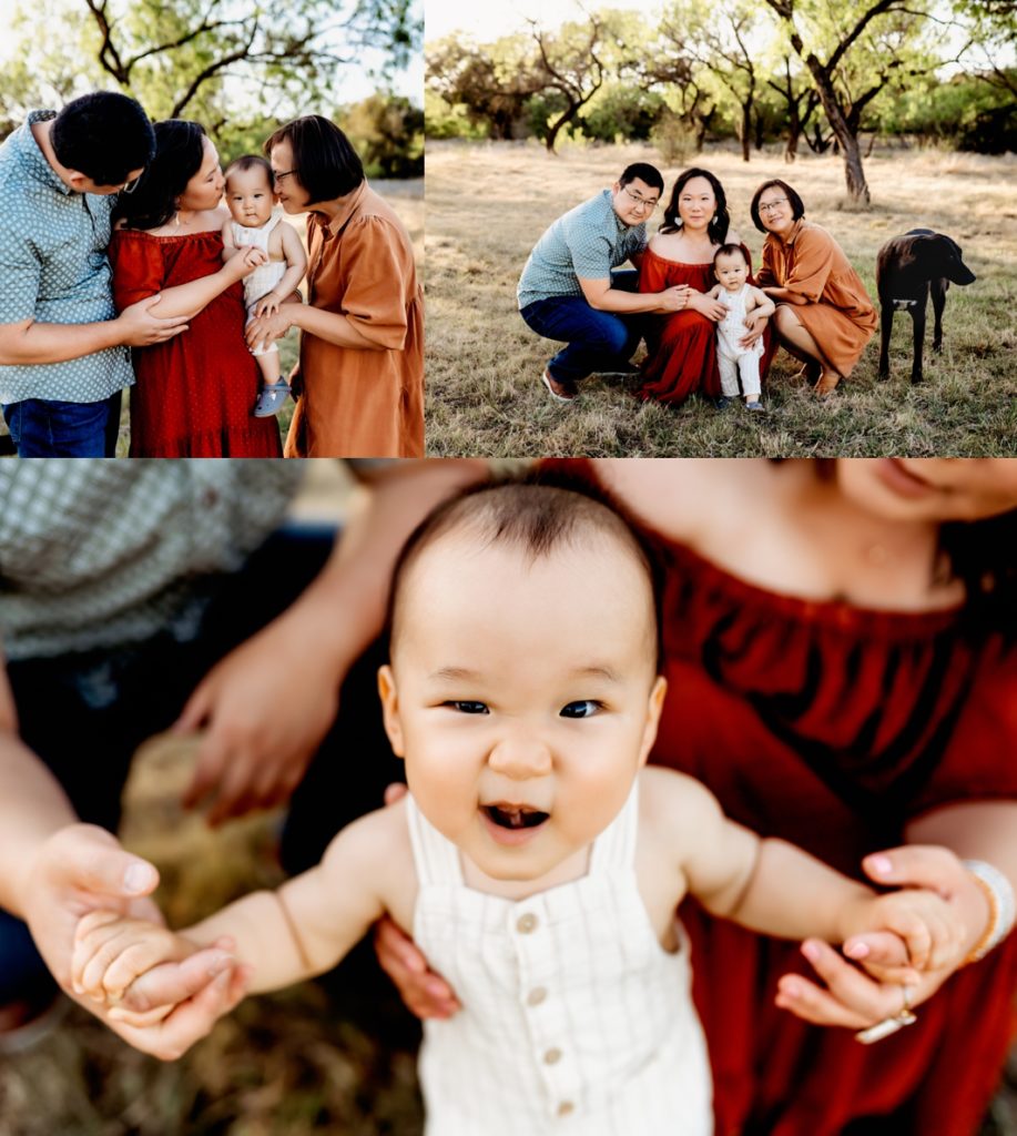 One year old boy with his family by an oak tree in Austin. 