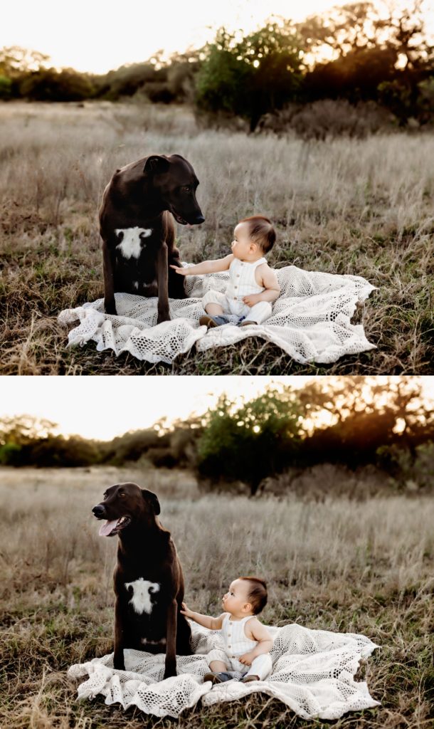 Baby sitting on a blanket with his dog. 