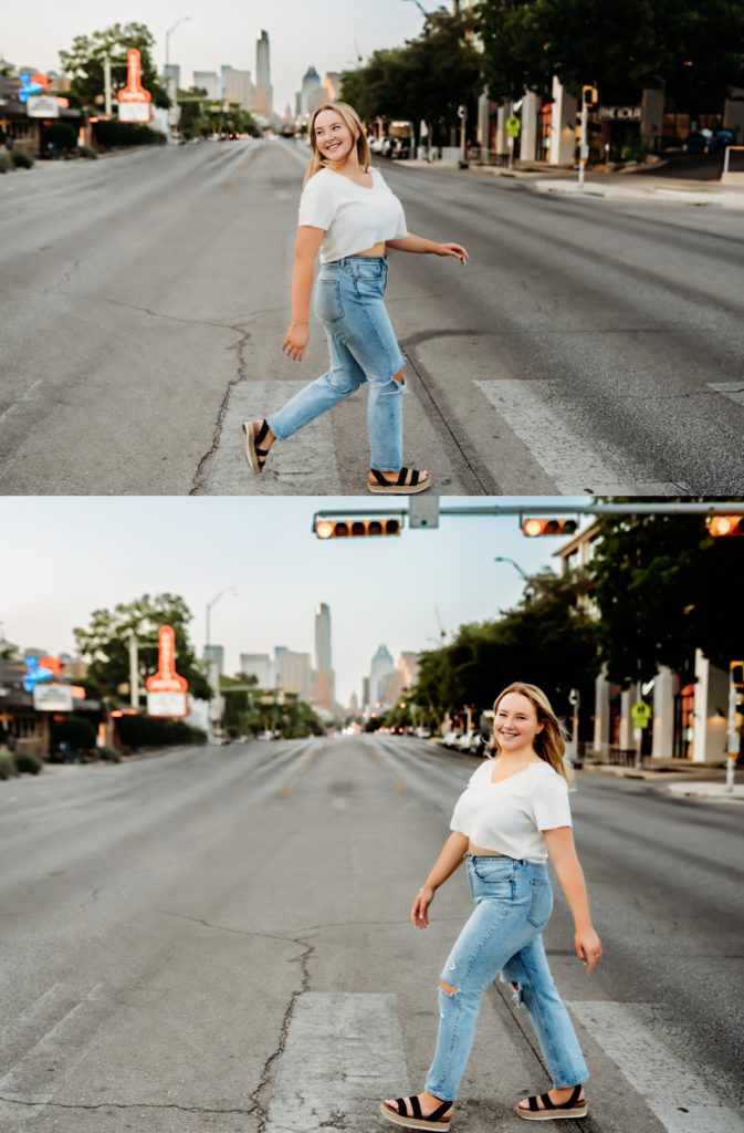 Teen girl walking on South Congress Street.