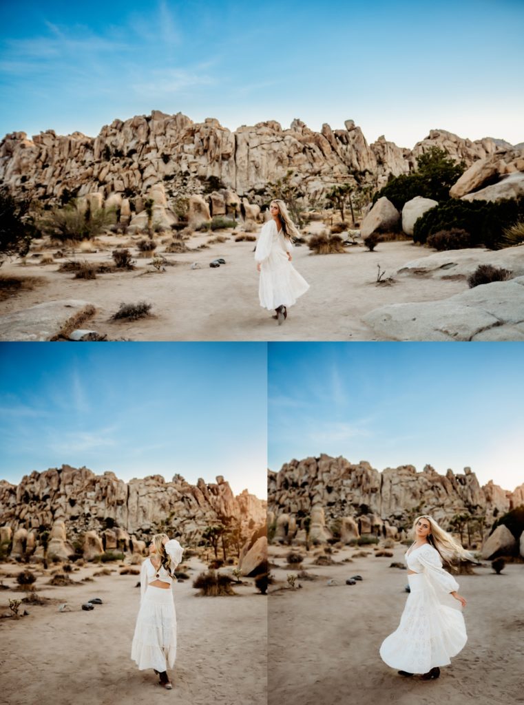 A girl dancing in Joshua Tree California wearing a two piece outfit from Free People.