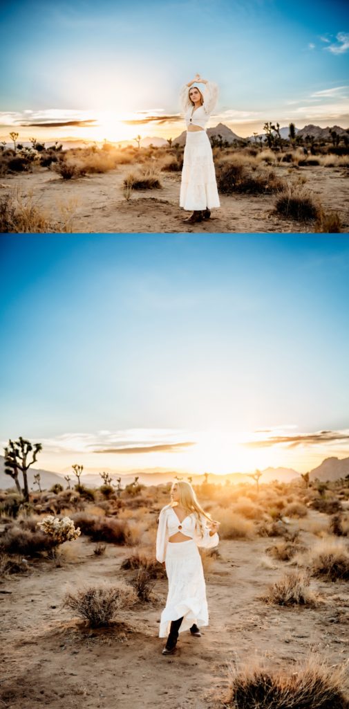 A teenage girl with blonde hair dancing in the desert at sunset. 
