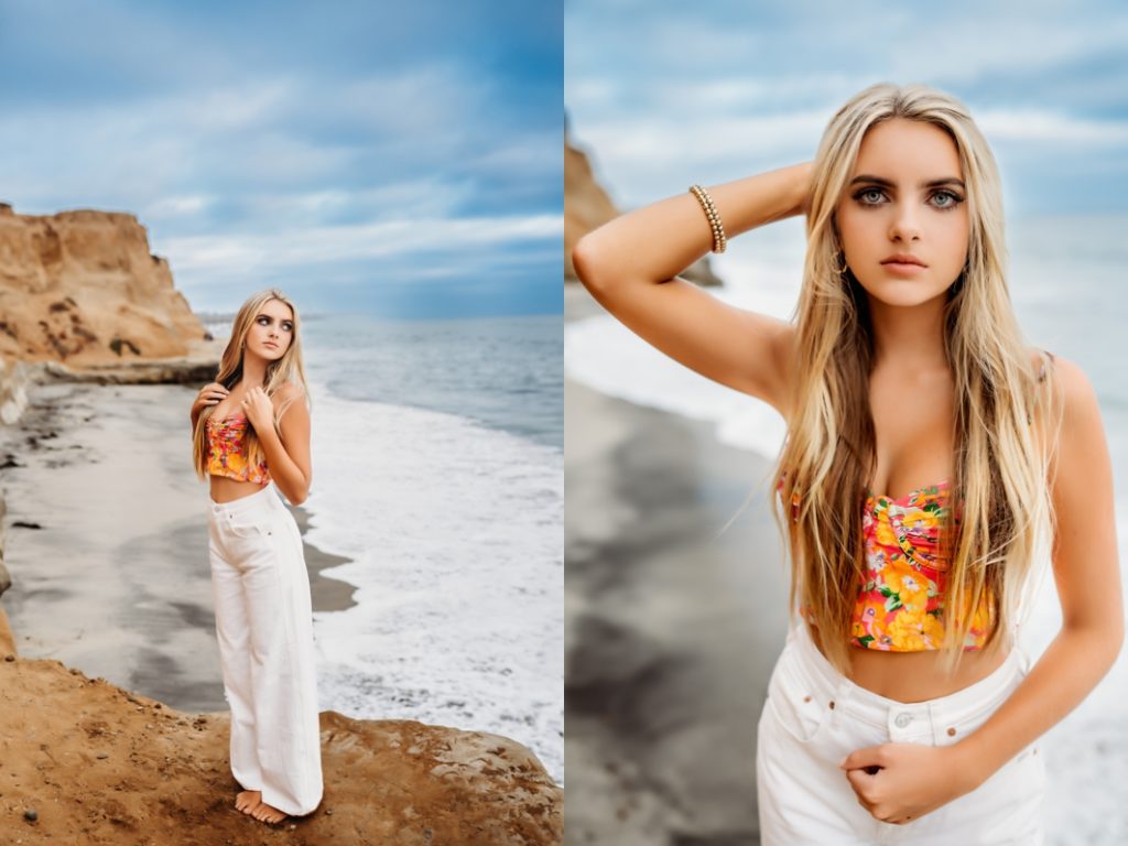 Girl with long blonde hair in San Diego on the beach.