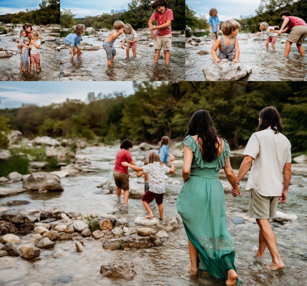 A family of six at a creek in Austin, Texas. 