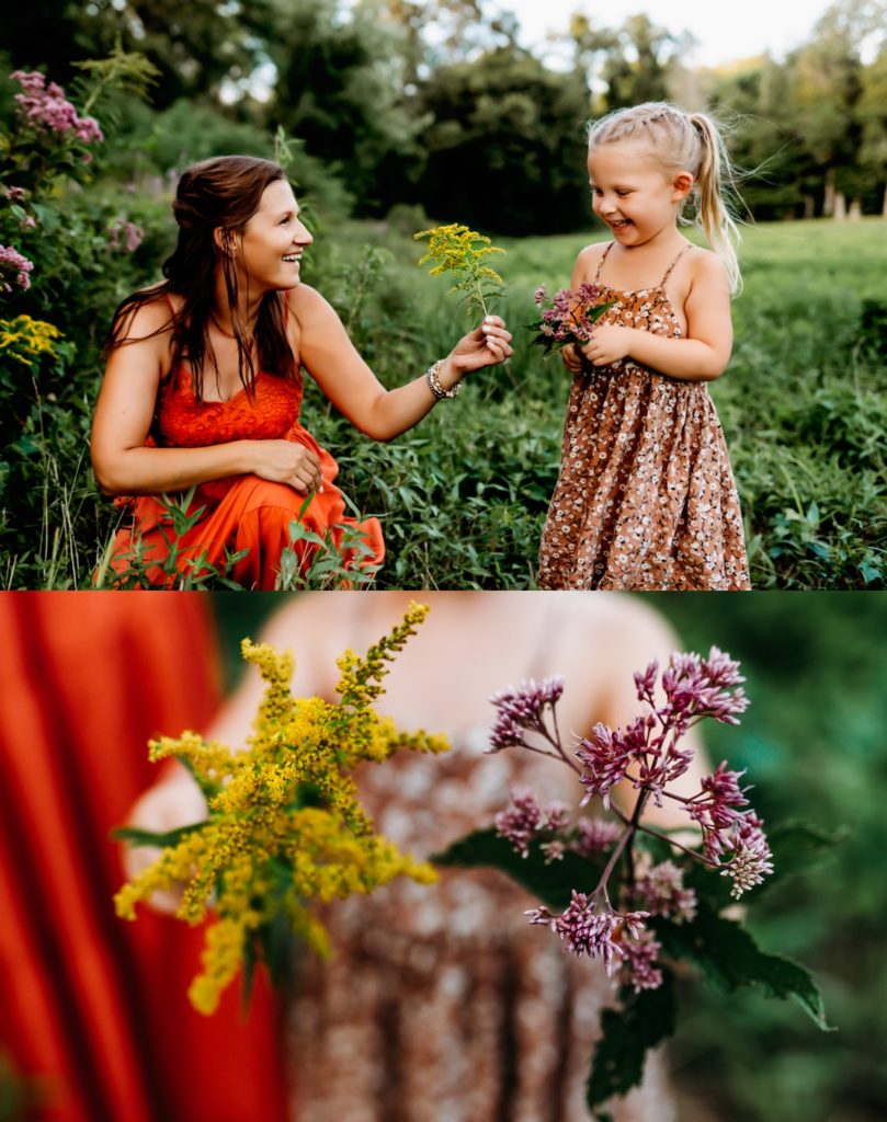 Mom picking flowers with her daughter. 