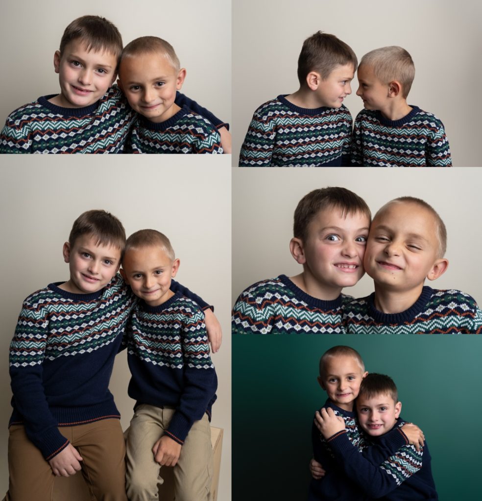Five images of two sibling boys