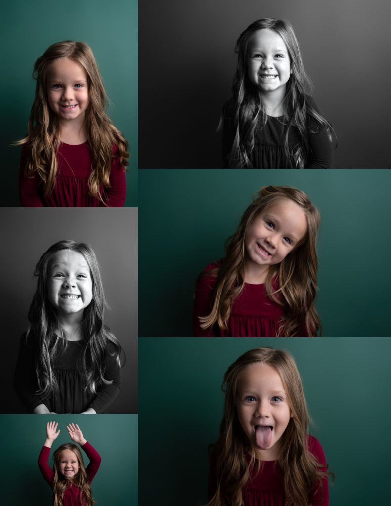 Six photos of a little girl with blonde hair.