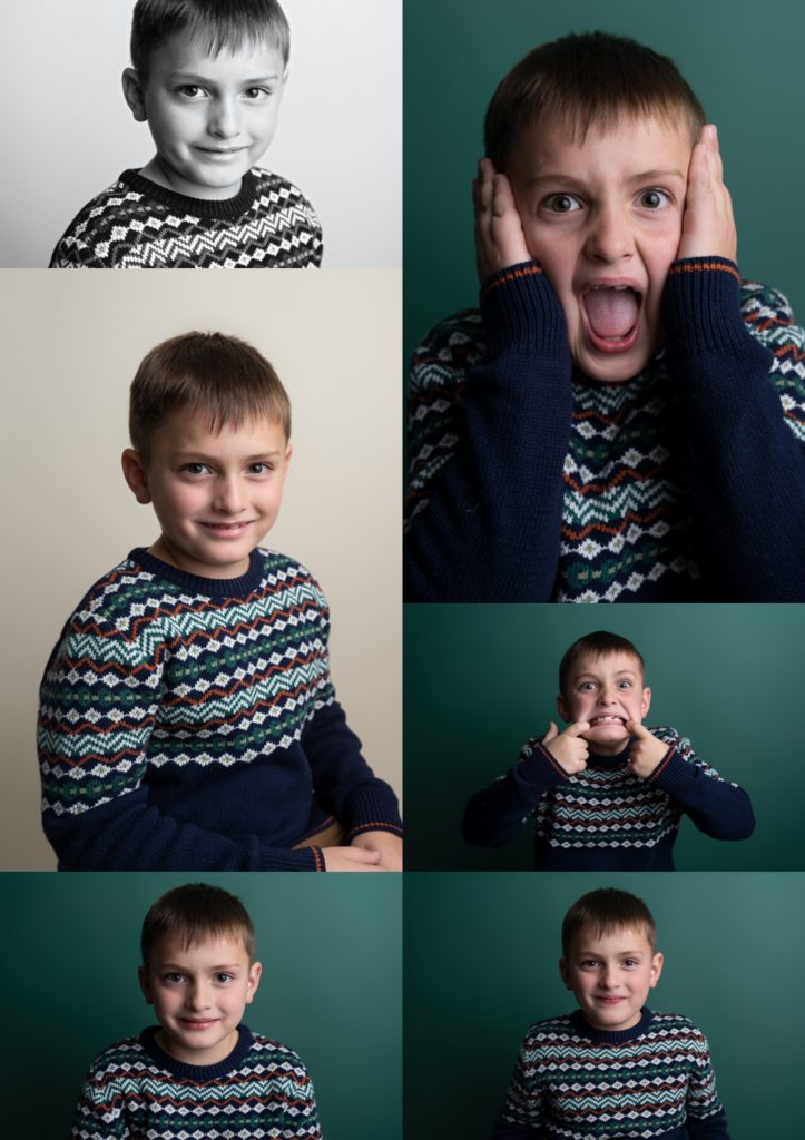 Six photos of a boy with brown hair in a navy Christmas sweater.