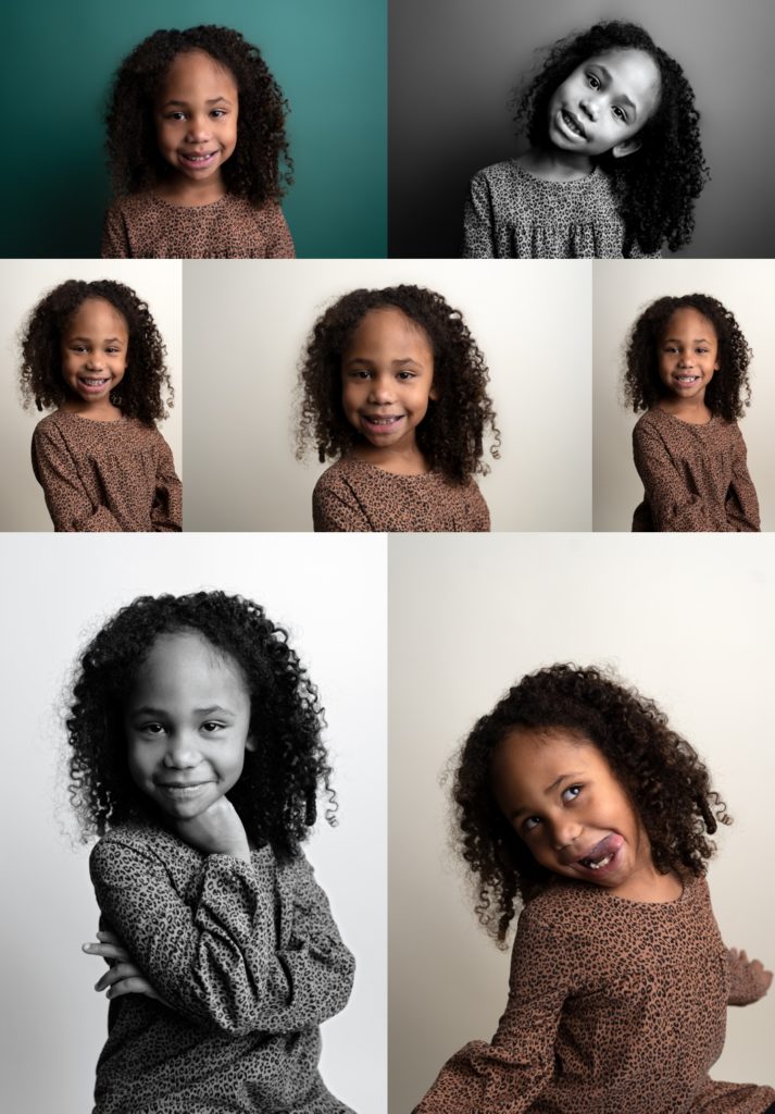 Seven photos of a girl with curly hair in a brown dress.