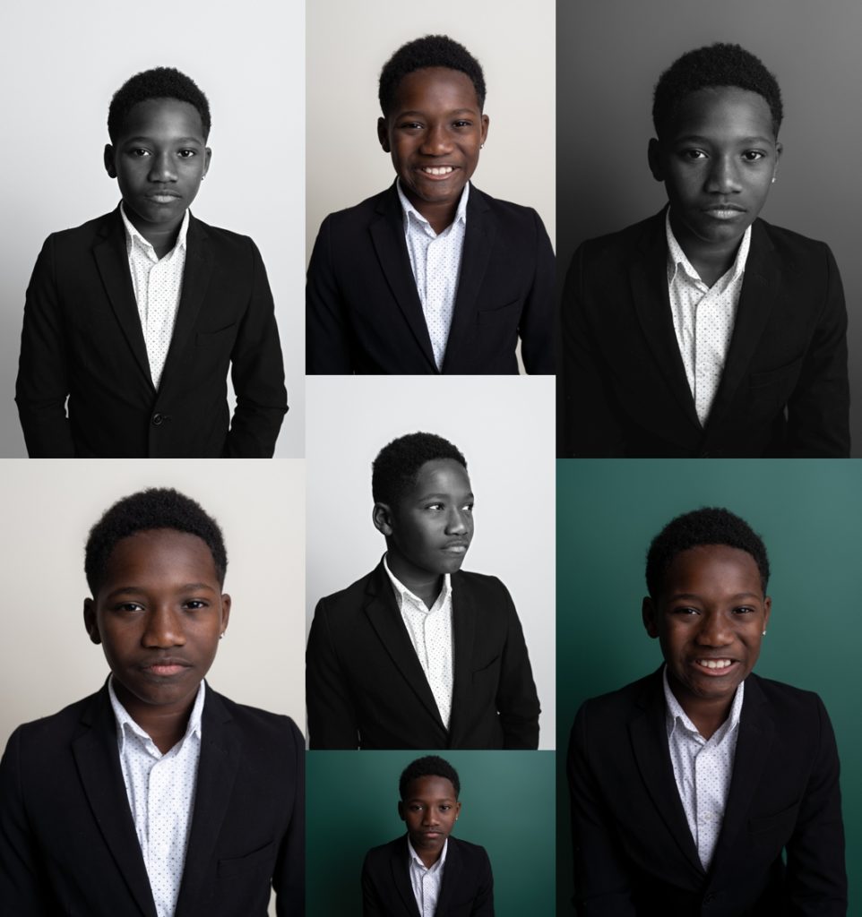 Seven photos of a boy in a black jacket with a white shirt.
