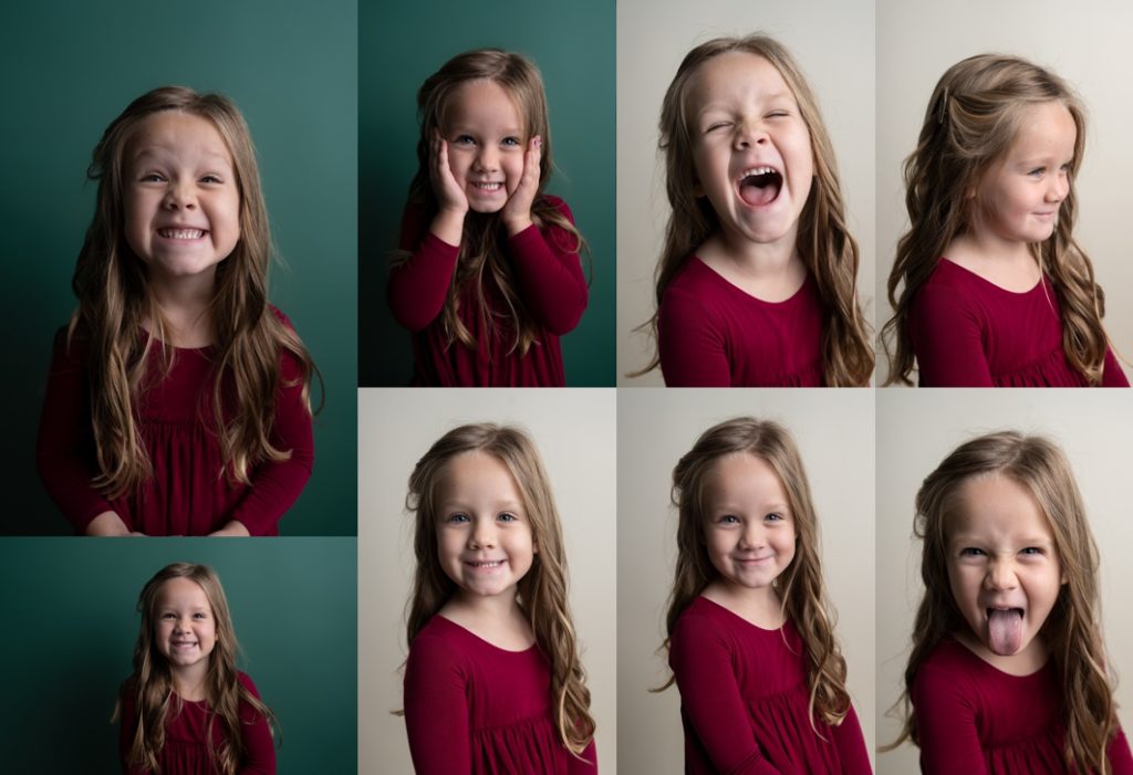 Eight photos of a little blonde girl in a red dress smiling at the camera.