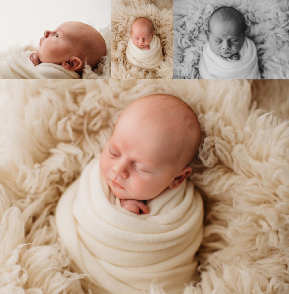 Newborn baby wrapped and swaddled in a studio. 