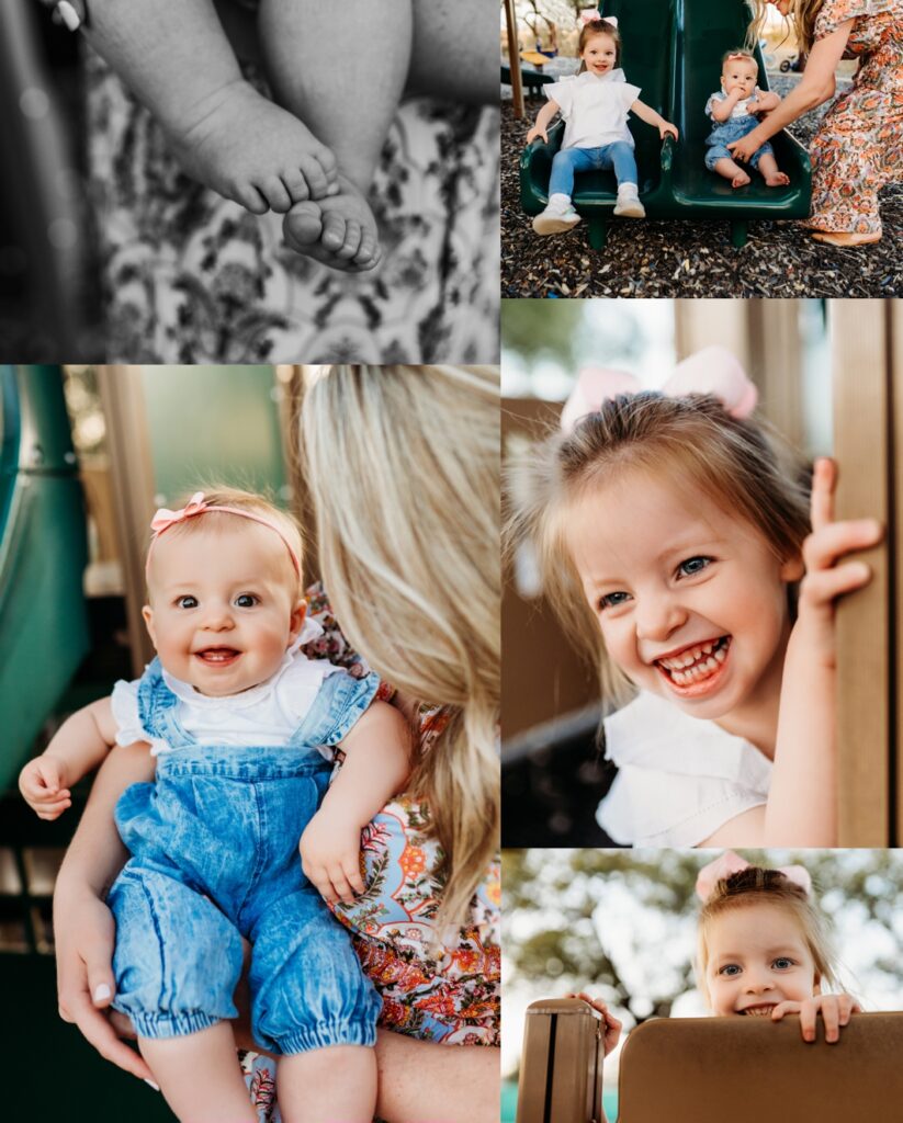 Collage of toddler girl and her baby sister smiling. 