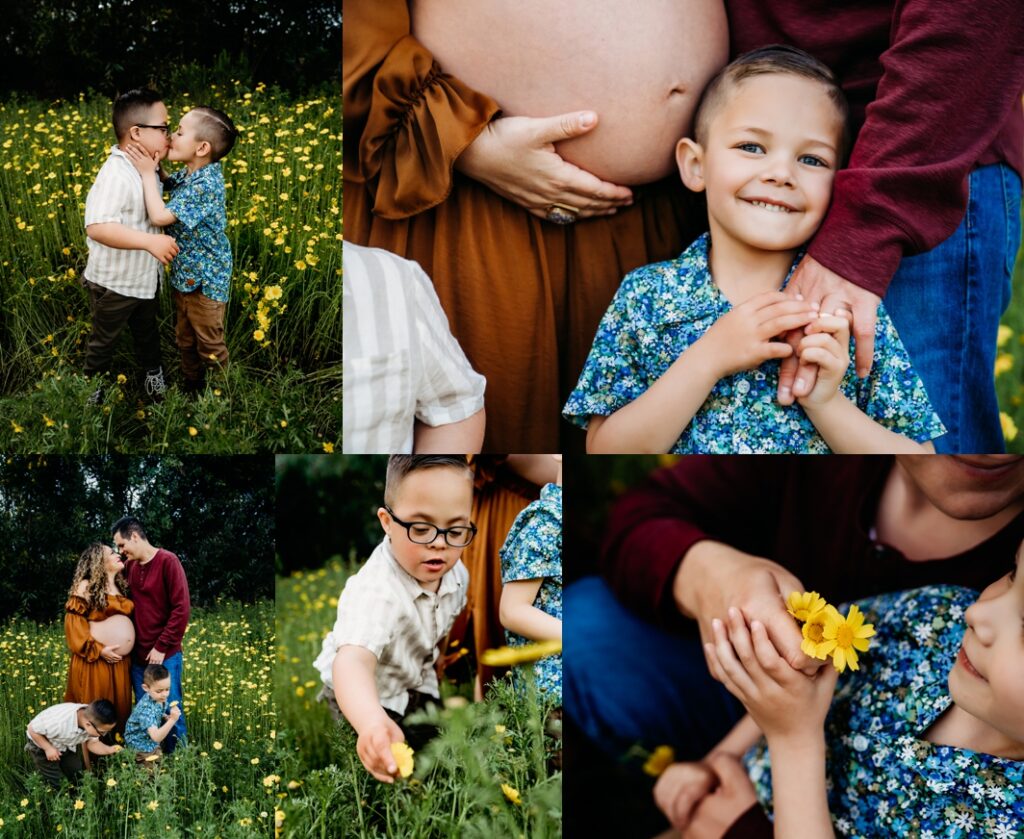 A collage of a family of four picking flowers in a field. 