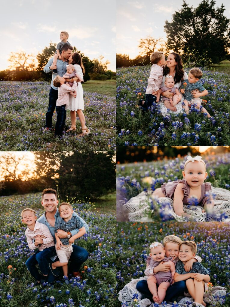 A collage of a family in bluebonnets at sunset. 