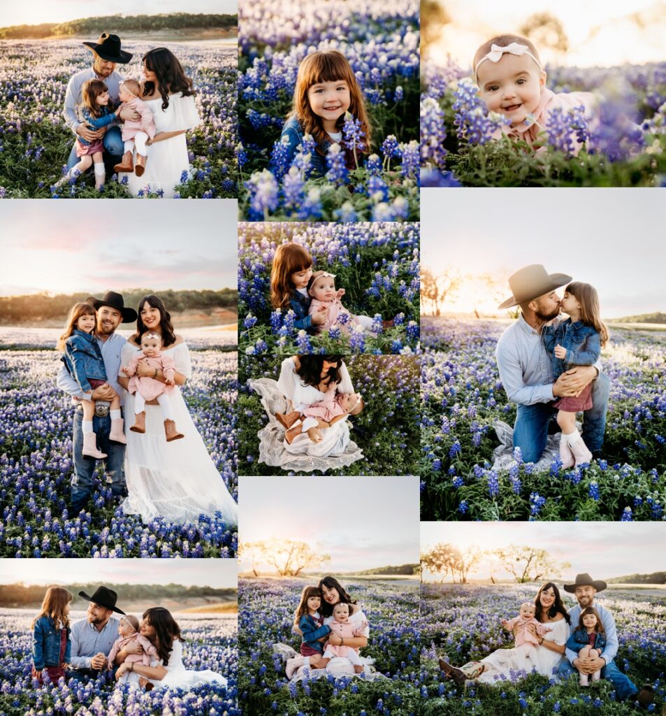 A mom, dad, and two kids dressed up and taking photos in the bluebonnets. 