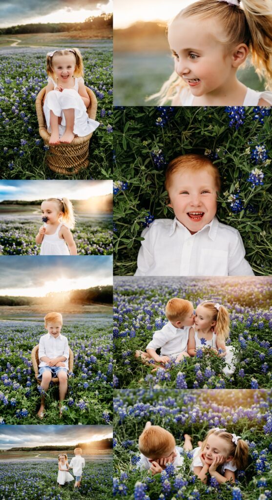 A brother and sister sitting and playing in bluebonnets. 