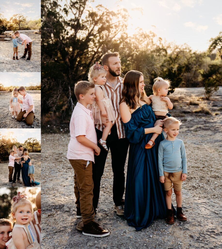 Family of six dressed in trendy, boho clothing at McKinney Falls. 
